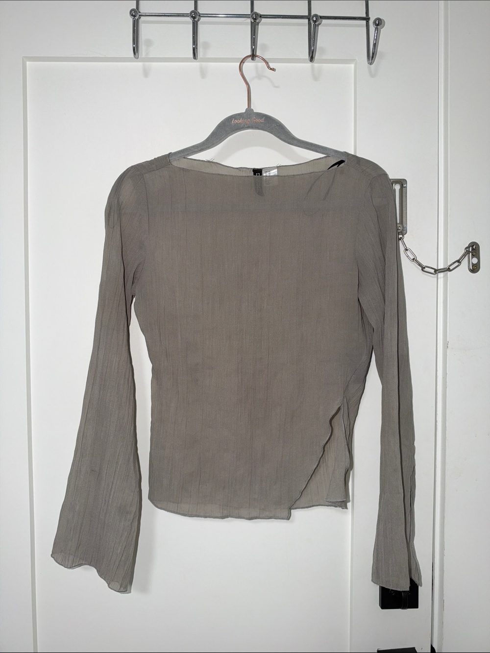 H&M Taupe Long Sleeve Sheer Boatneck Top